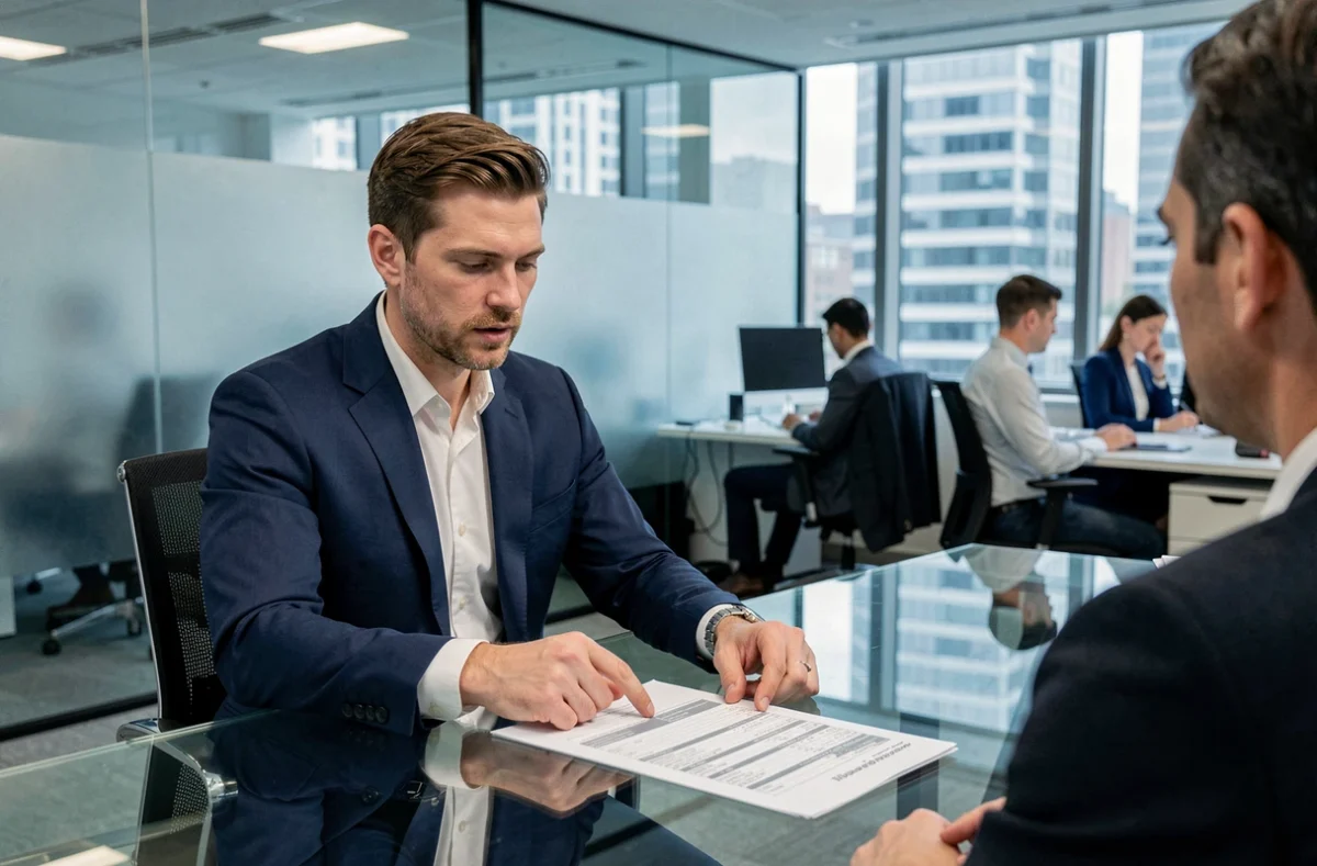 Comptable professionnel expliquant une déclaration URSSAF à un client dans un bureau moderne