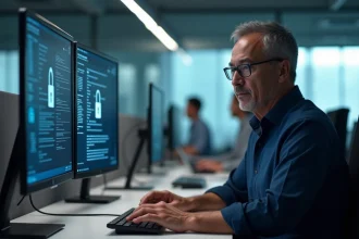 Responsable informatique connecté à Berger-Levrault depuis son bureau en entreprise via un portail sécurisé