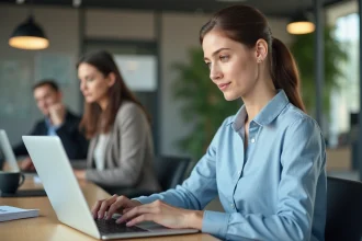 Femme en entreprise connectée à un portail RH en ligne sur son ordinateur portable au bureau