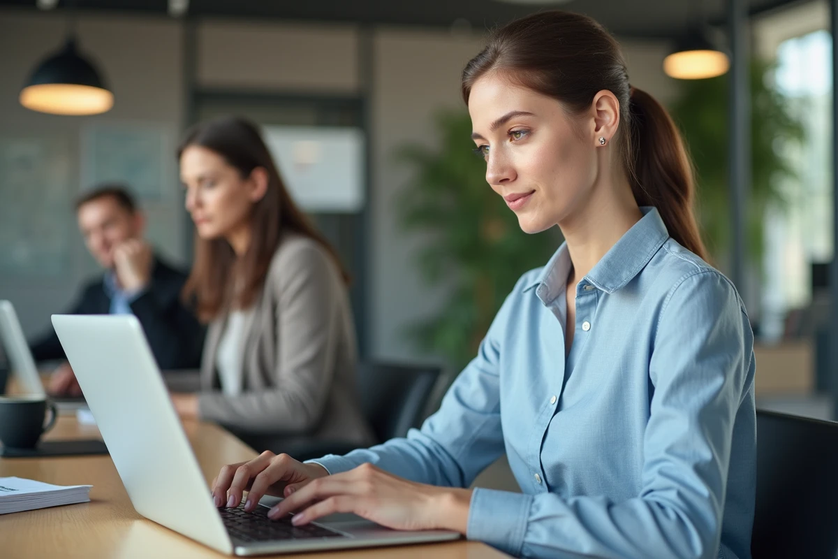 Femme en entreprise connectée à un portail RH en ligne sur son ordinateur portable au bureau