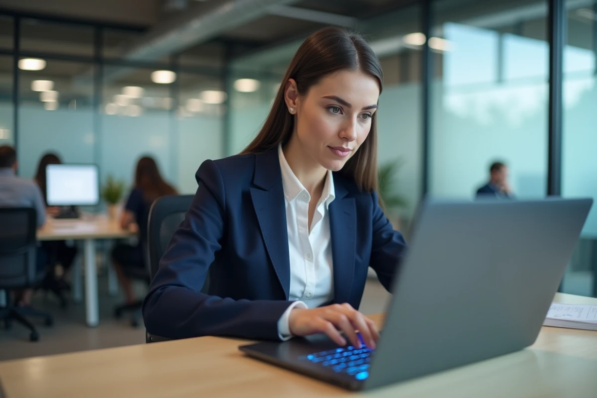 Femme professionnelle se connectant de manière sécurisée à Octime sur son ordinateur portable au bureau