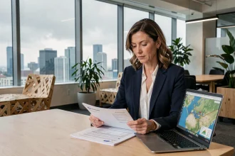 Conseillère en assurance RSE analysant des documents de couverture climatique dans un bureau moderne éco-responsable