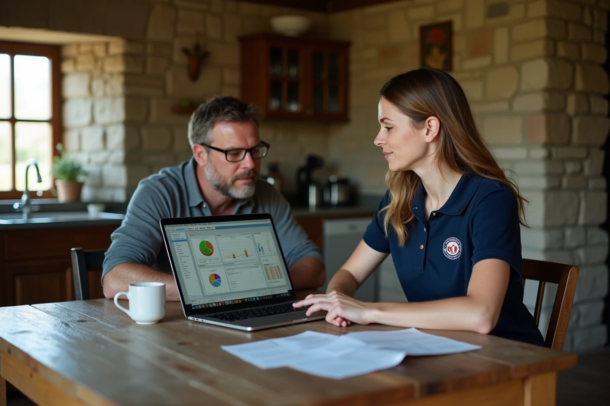 Conseillère agricole Terrena et agriculteur analysant les outils de gestion numérique d'exploitation
