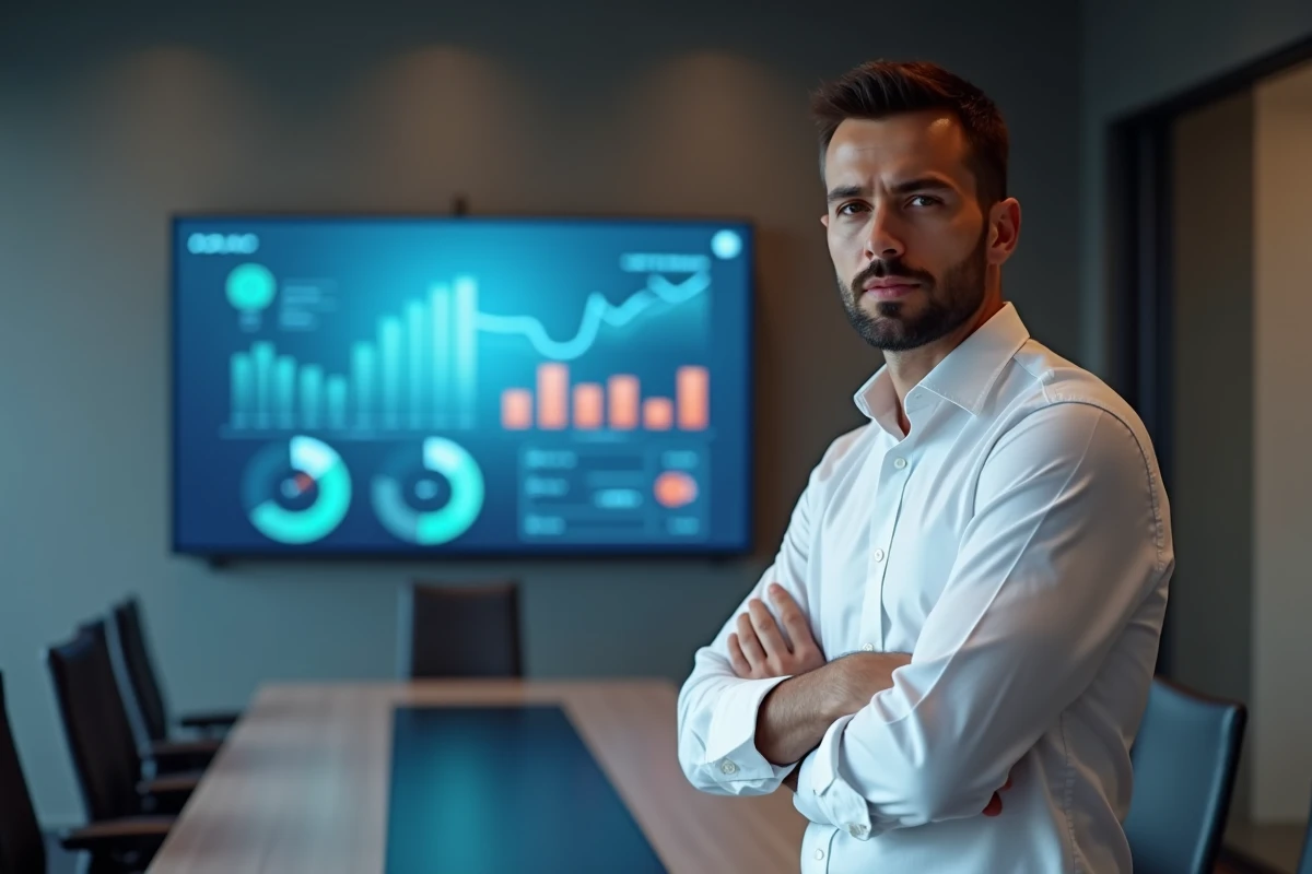 Consultant en digitalisation présentant des indicateurs de performance numérique sur écran mural lors d'une réunion en salle de conférence pour PME