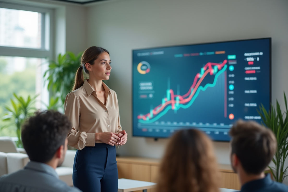 Jeune femme présentant un graphique financier dans un espace moderne