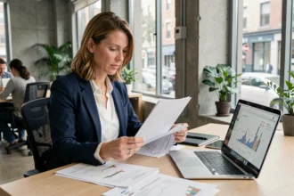 Consultante indépendante en portage salarial analysant des documents financiers dans un espace de coworking moderne