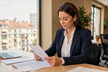 Consultante en portage salarial à Marseille examinant un contrat dans un espace de coworking moderne