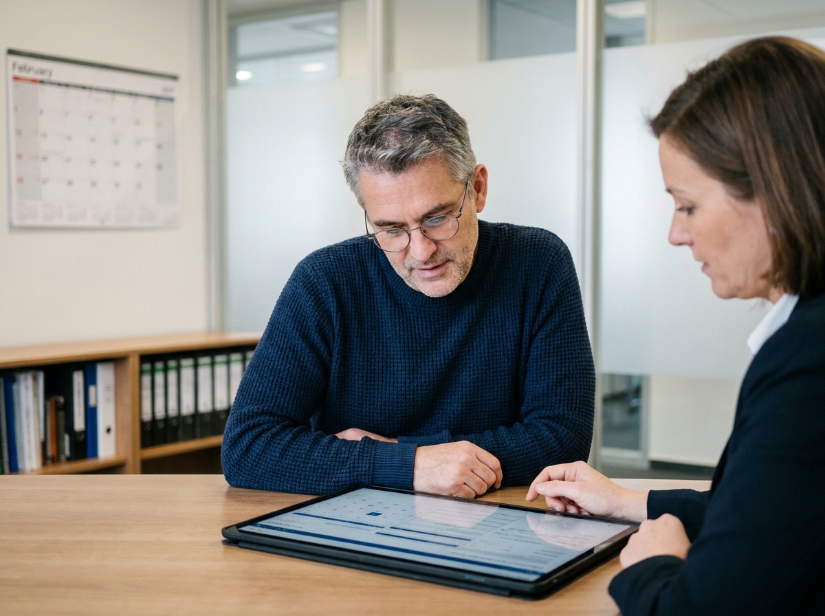 Homme en consultation avec un conseiller administratif pour régulariser un bilan en retard