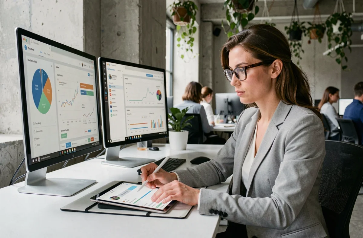 Femme d'affaires contactant un partenaire B2B via une plateforme digitale depuis son bureau moderne