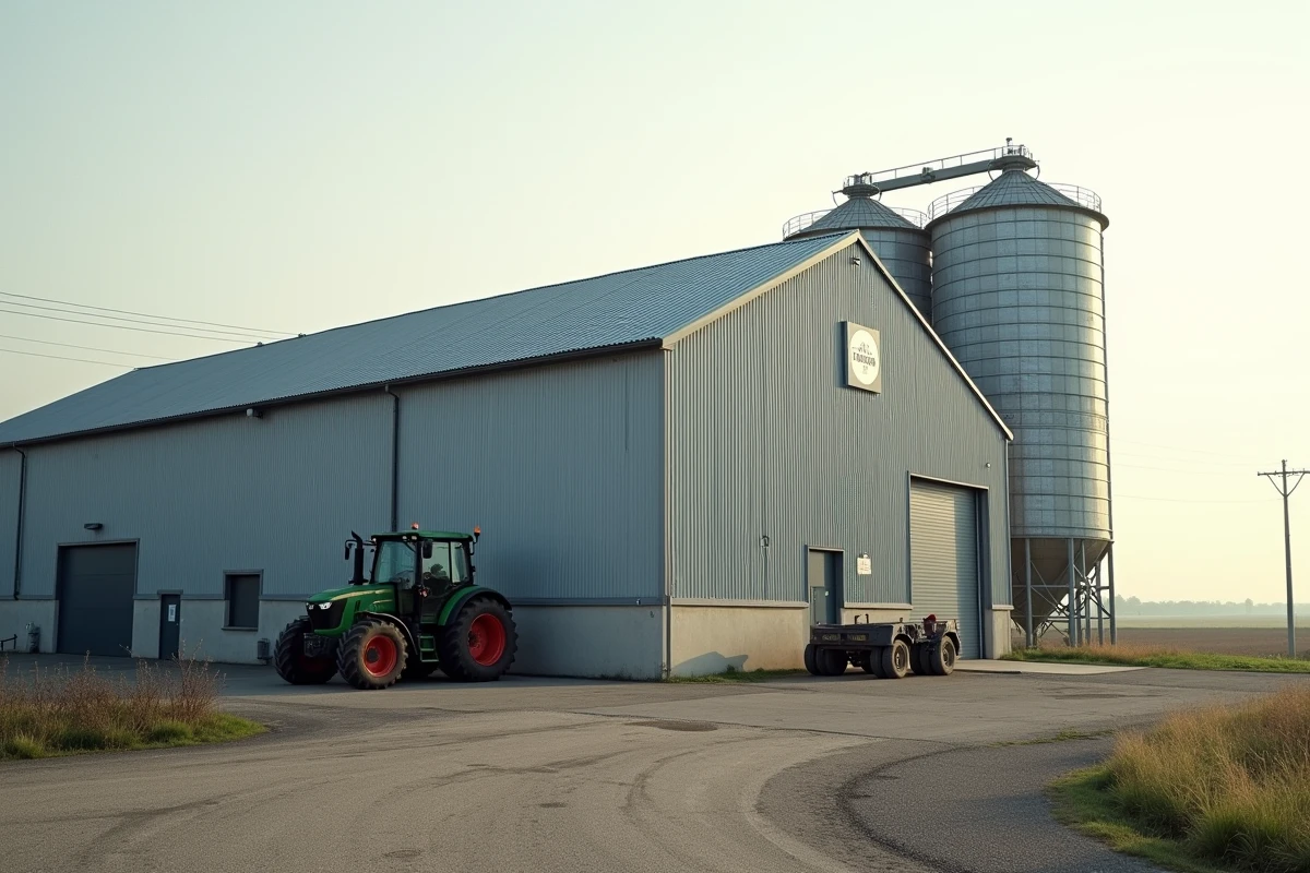 Coopérative agricole Terrena avec silos de stockage et tracteur dans la campagne de Loire-Atlantique
