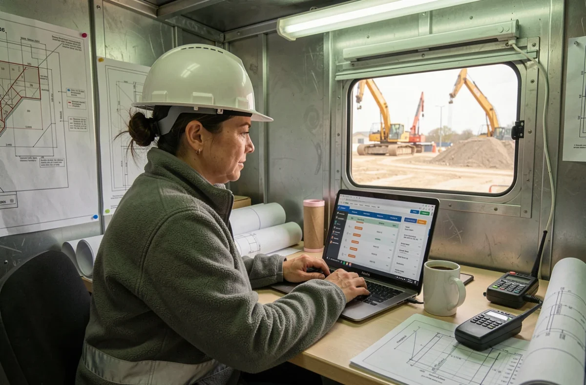 Coordinatrice de projet BTP travaillant sur un logiciel de suivi de chantier dans un bureau de chantier mobile, avec plans et plannings sous-traitants visibles