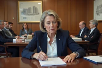 Copropriétaire femme consultant l'ordre du jour lors d'une assemblée générale de copropriété