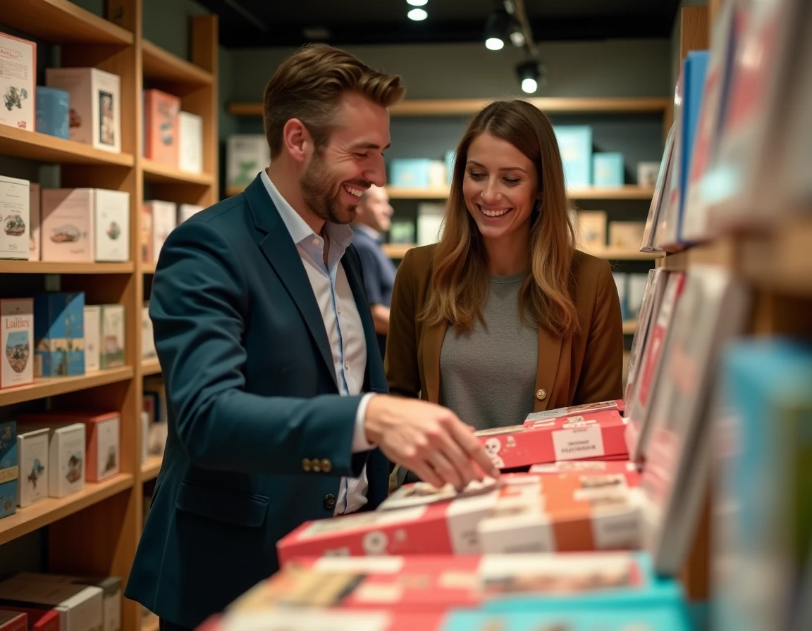 Couple découvrant des coffrets cadeaux Smartbox partenaire dans une boutique pour booster les avantages fidélité