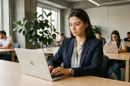 Femme professionnelle travaillant dans un espace de coworking moderne à Champs-sur-Marne avec bureau en bois et plantes vertes