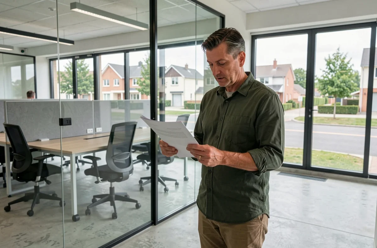 Homme d'affaires examinant des documents devant une salle de réunion vitrée dans un espace de coworking en banlieue parisienne