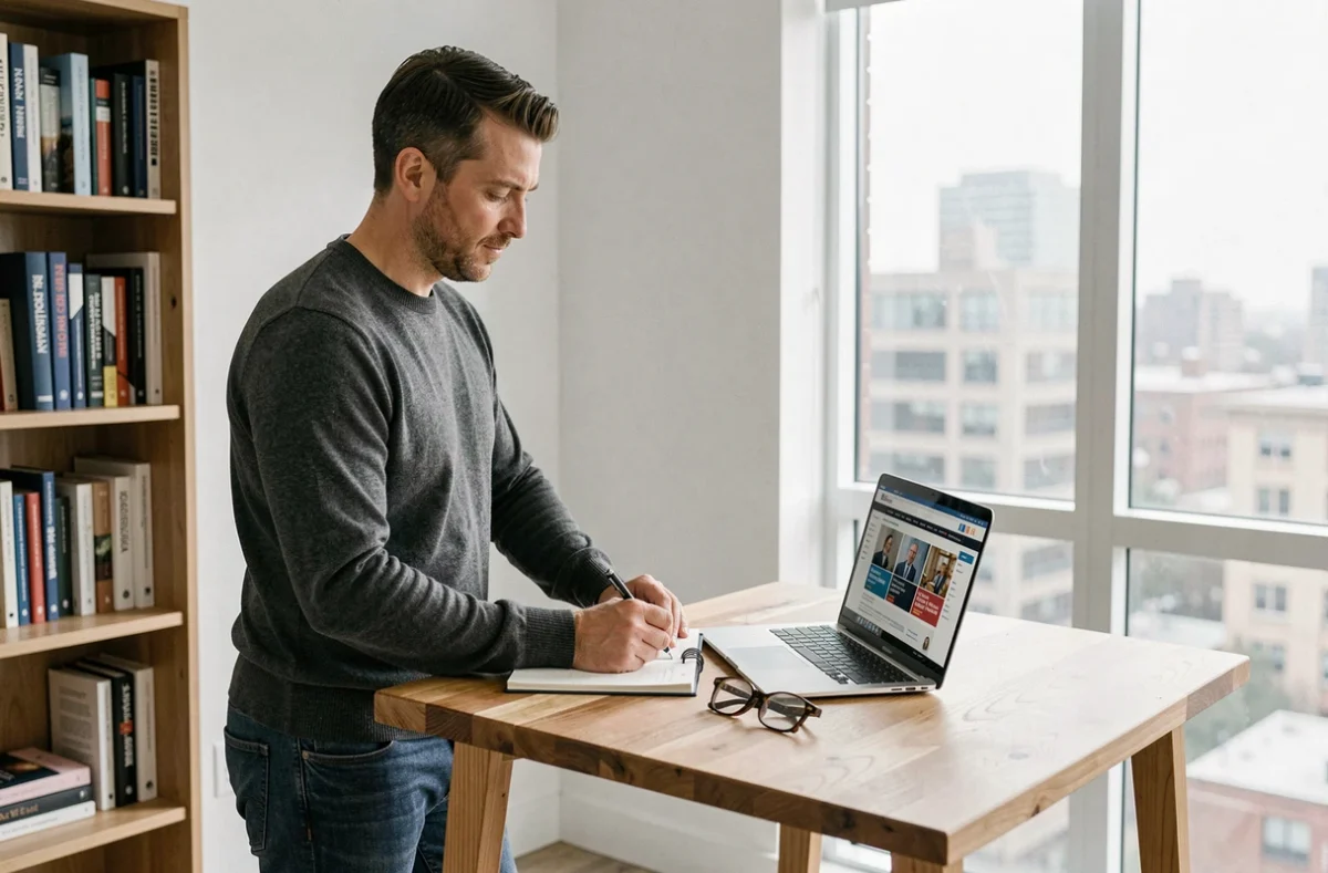 Créateur d'entreprise prenant des notes dans son bureau à domicile face à un site de business magazine en 2026