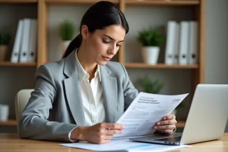Femme entrepreneur comparant des documents administratifs pour créer son entreprise via un guichet en ligne