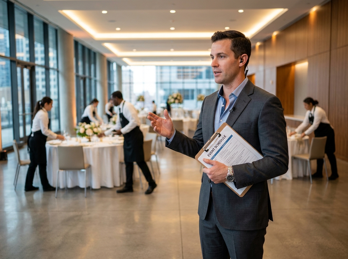 Un responsable de coordination unique supervise les préparatifs du cocktail d'entreprise le jour J, communiquant avec l'équipe via oreillette et tenant un planning sur clipboard.