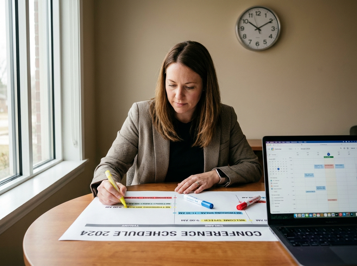 Une organisatrice planifie le déroulé horaire d'un cocktail d'entreprise sur une feuille de planning imprimée, en surlignant les temps forts comme l'accueil, les prises de parole et le toast final.