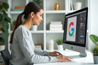 Designer utilisant Elements Envato dans Canva pour personnaliser un template graphique sur un iMac dans un bureau créatif moderne