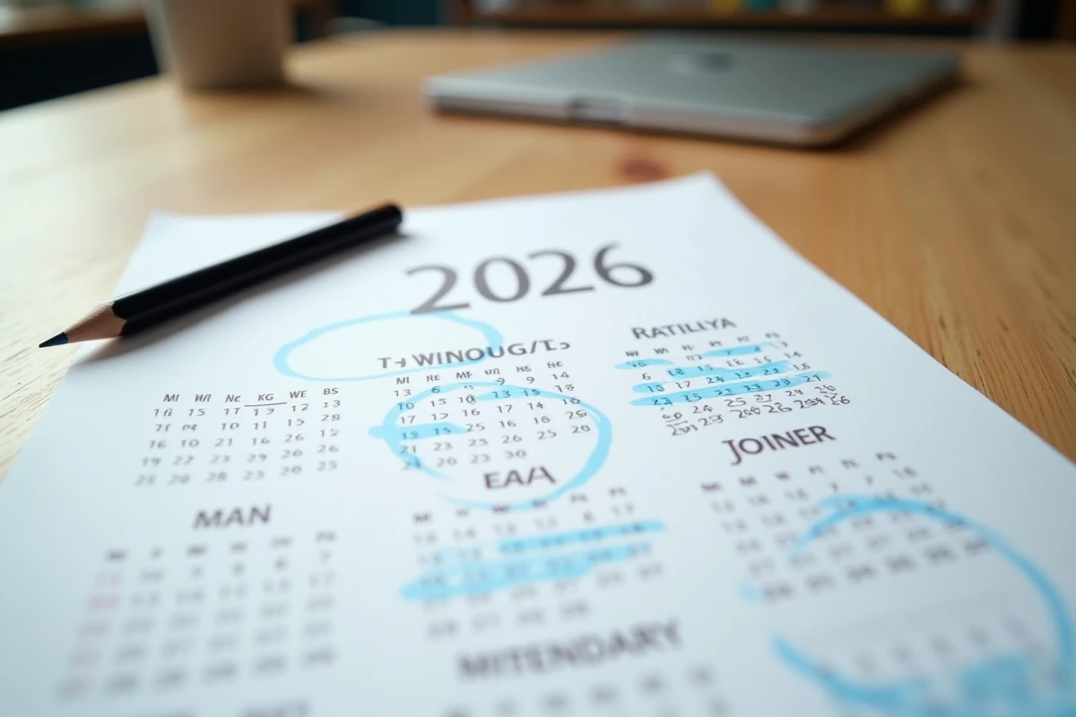 Gros plan d'un calendrier de bureau 2026 avec les jours fériés et les ponts annotés à la main