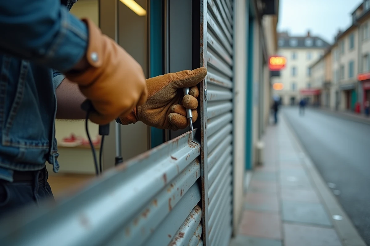 Gros plan sur les mains d'un technicien réparant les lames abîmées d'un rideau métallique en milieu commercial