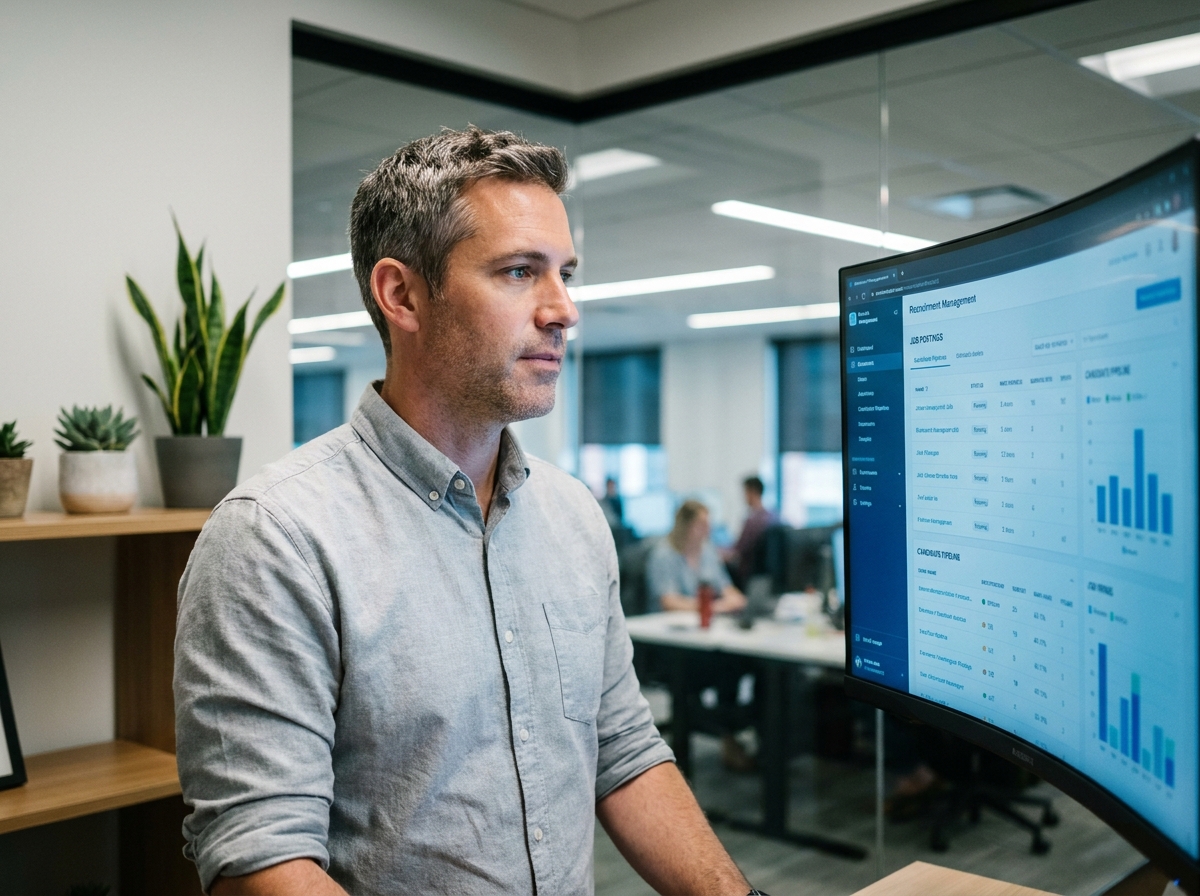 Directeur RH consultant un logiciel centralisé de gestion des recrutements sur grand écran