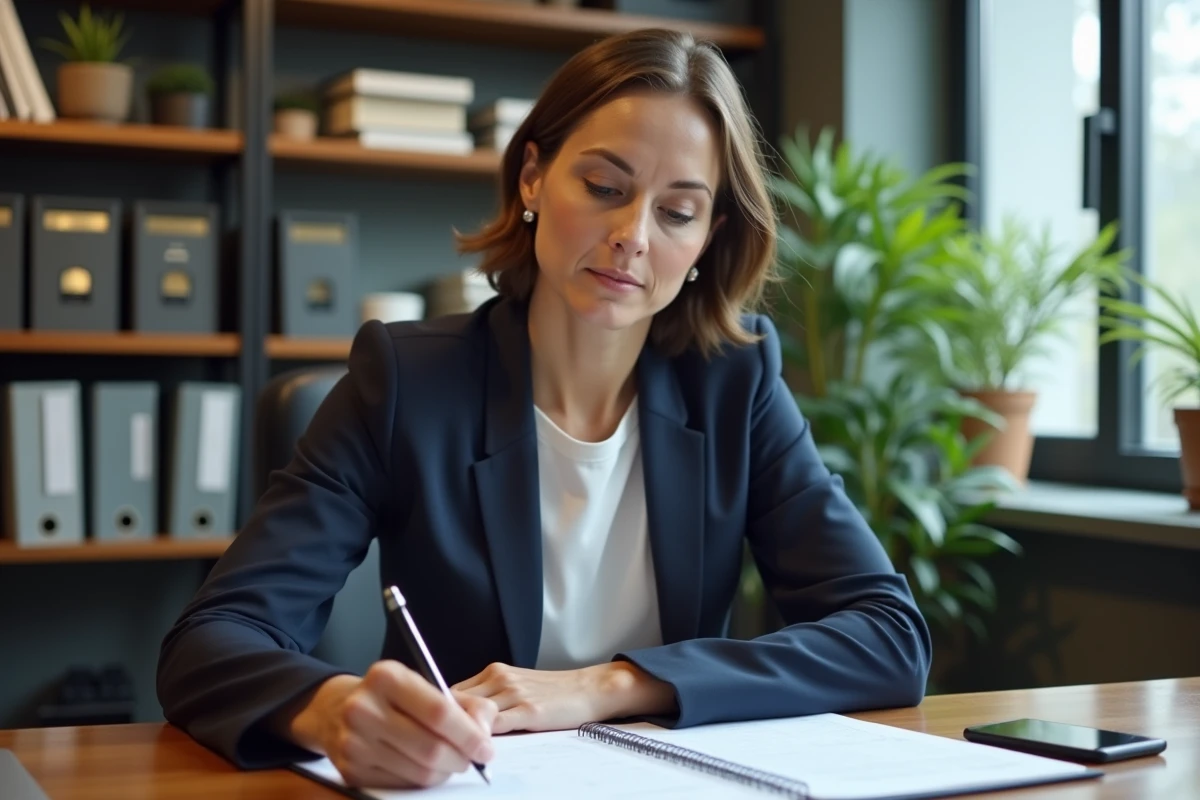 Directrice d'une petite structure associative vérifiant une check-list de conformité Convention 66 à son bureau