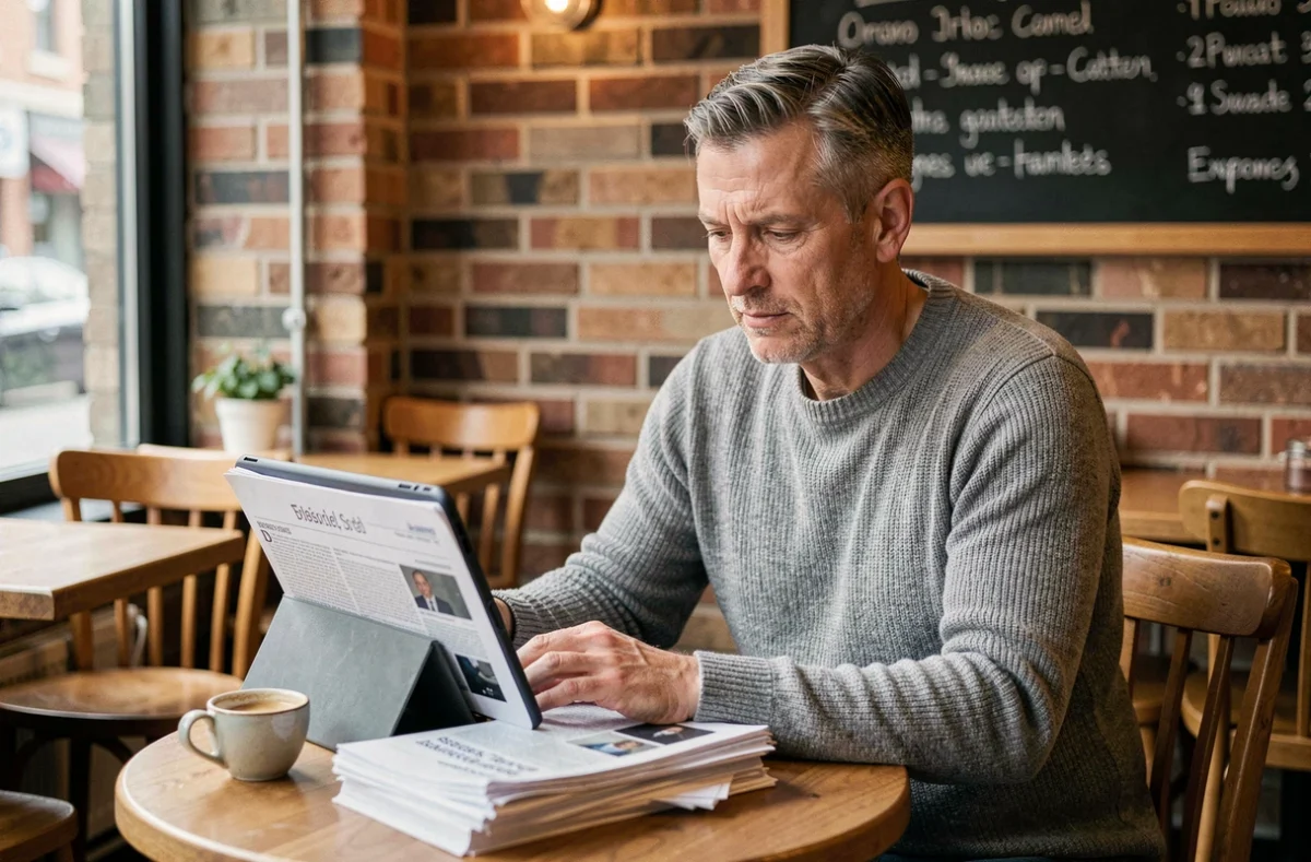 Chef de PME lisant des actualités économiques et des guides pratiques sur une tablette dans un café parisien