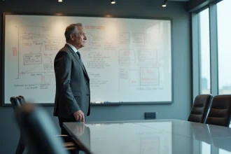 Dirigeant en costume gris réfléchissant devant un tableau blanc avec des organigrammes dans une salle de réunion moderne