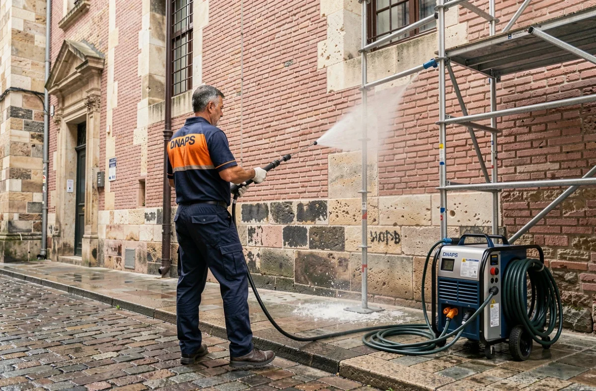 Spécialiste DNAPS effectuant un nettoyage haute pression sur la façade en briques roses d'un bâtiment historique de Toulouse