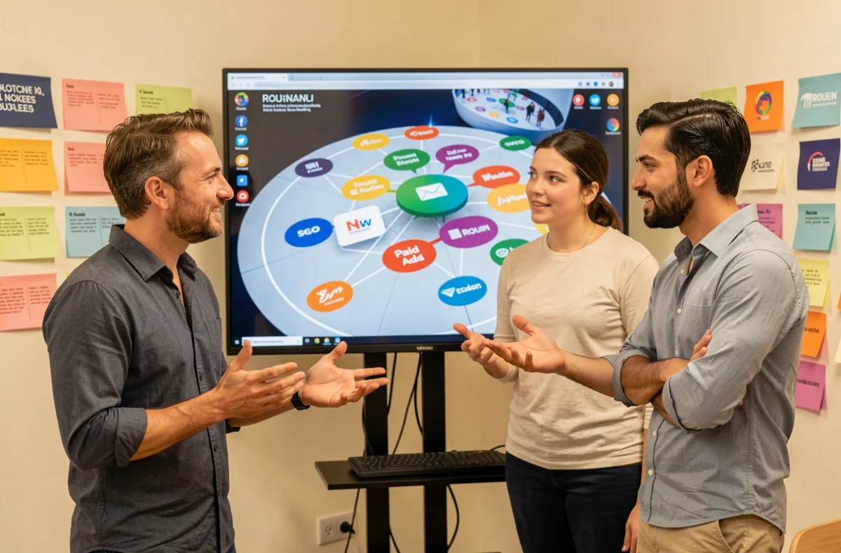 Équipe de trois stratèges digitaux discutant d'une stratégie marketing 360 degrés sur grand écran dans une agence de Rouen