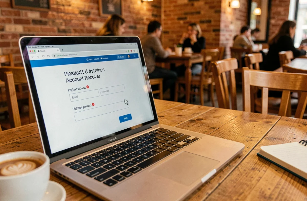 Écran d'ordinateur portable affichant un formulaire de récupération de compte GTM extra La Poste dans un café