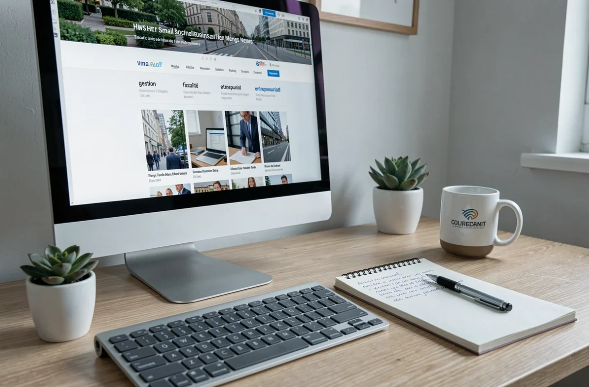 Écran d'ordinateur affichant un site d'actualités et de guides pratiques pour PME avec notes manuscrites au premier plan