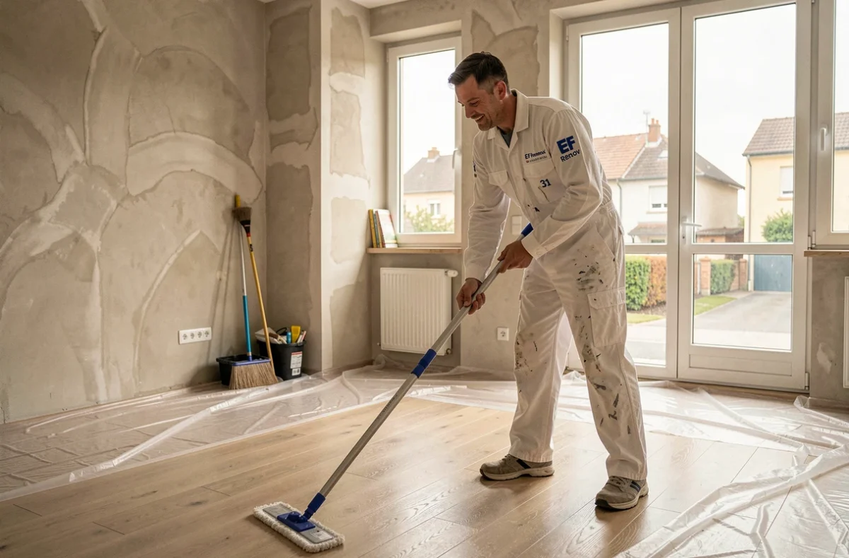 Spécialiste EF Renov 31 effectuant le nettoyage de fin de chantier dans un appartement rénové en Haute-Garonne