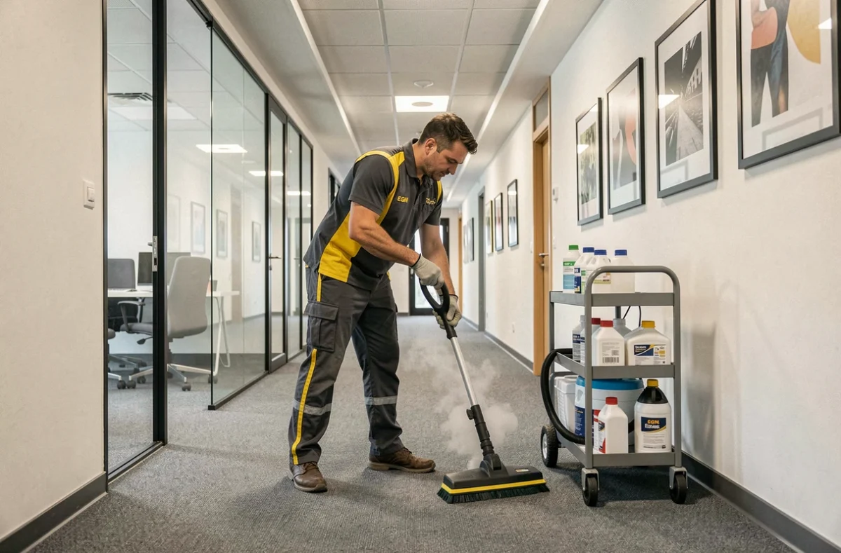 Technicien EGN Pro utilisant une machine à vapeur professionnelle pour nettoyer la moquette d'un couloir de bureau à Toulouse