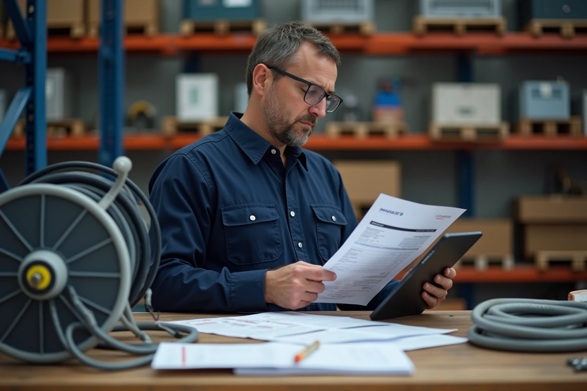 Électricien professionnel comparant une facture Sonepar et une offre de remise sur tablette dans un entrepôt de fournitures électriques