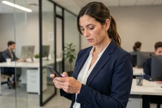 Employée Auchan consultant l'application RH hr4you sur son smartphone dans un bureau moderne