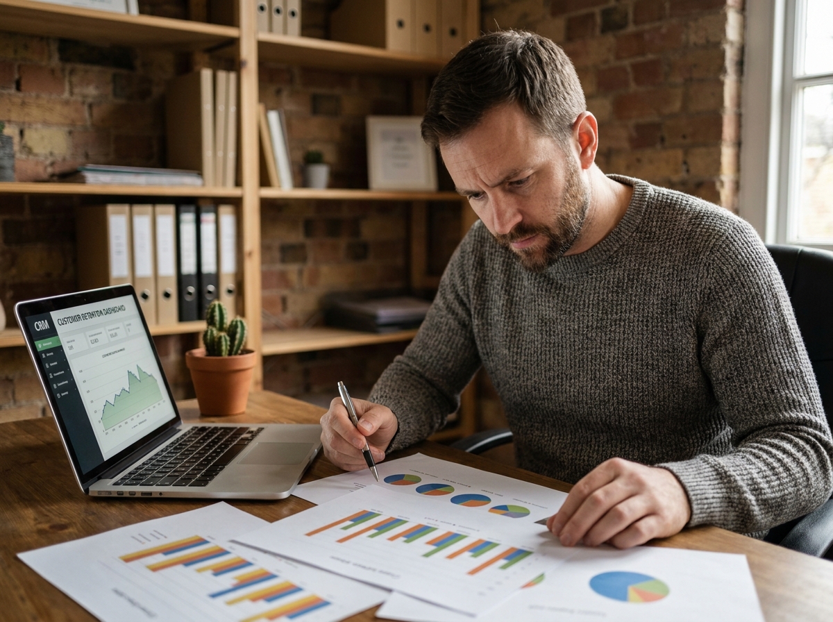 Entrepreneur analysant des graphiques de fidélisation client et un tableau de bord CRM dans son bureau indépendant, stratégie de stabilisation du chiffre d'affaires