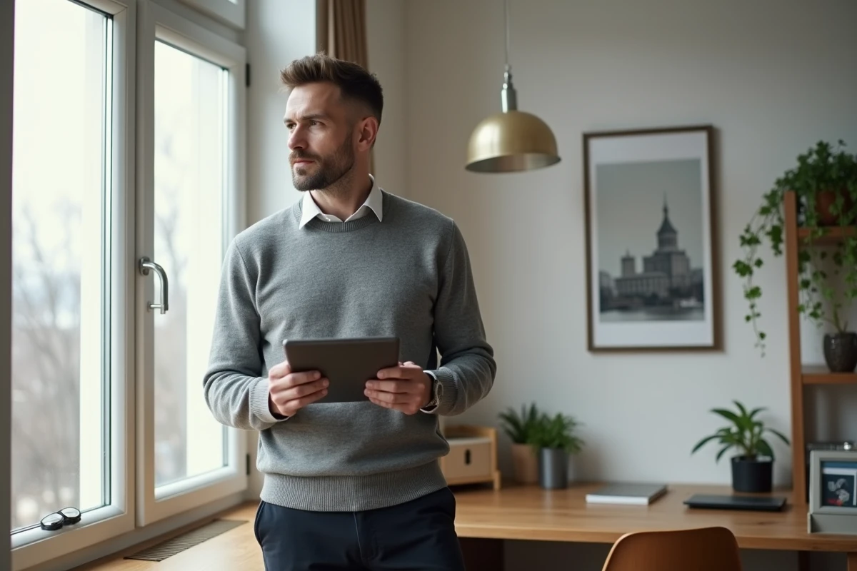 Entrepreneur consultant une interface d'intégration digitale sur tablette dans un bureau épuré à domicile