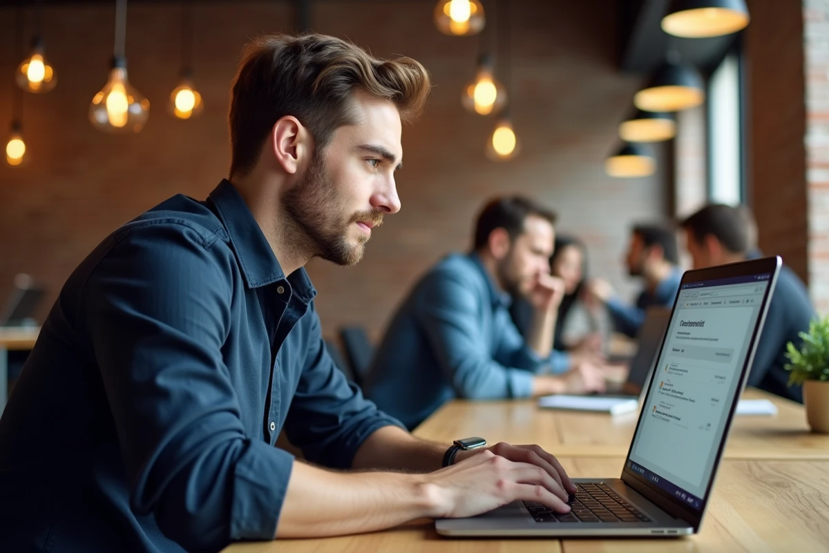 Entrepreneur masculin utilisant une plateforme juridique en ligne dans un espace de coworking pour immatriculer son entreprise