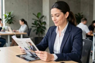 Entrepreneuse lisant Le Business Mag sur tablette dans un espace de coworking moderne en 2026