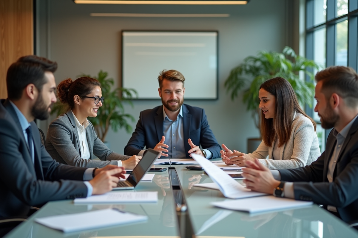 Groupe de professionnels en réunion dans un bureau moderne