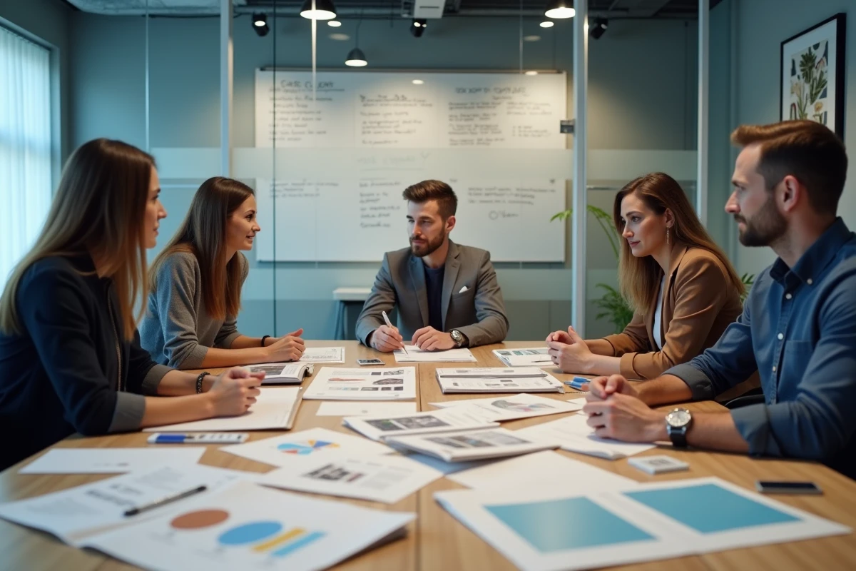 Équipe d'agence créative présentant des catalogues imprimés lors d'une réunion client professionnelle