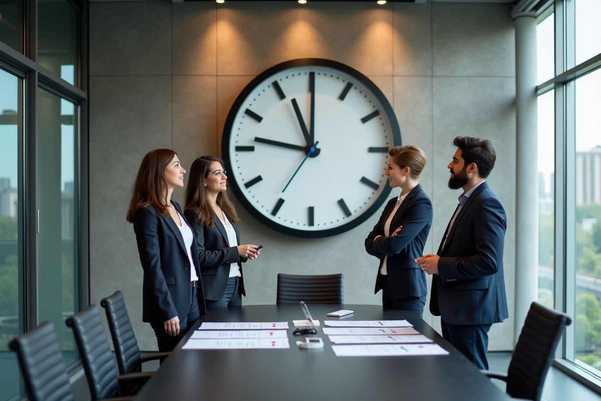 Groupe de jeunes professionnels discutant autour d une horloge