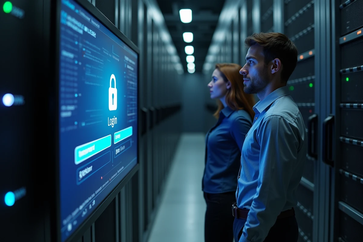 Équipe informatique vérifiant la sécurité de la connexion Octime dans une salle des serveurs
