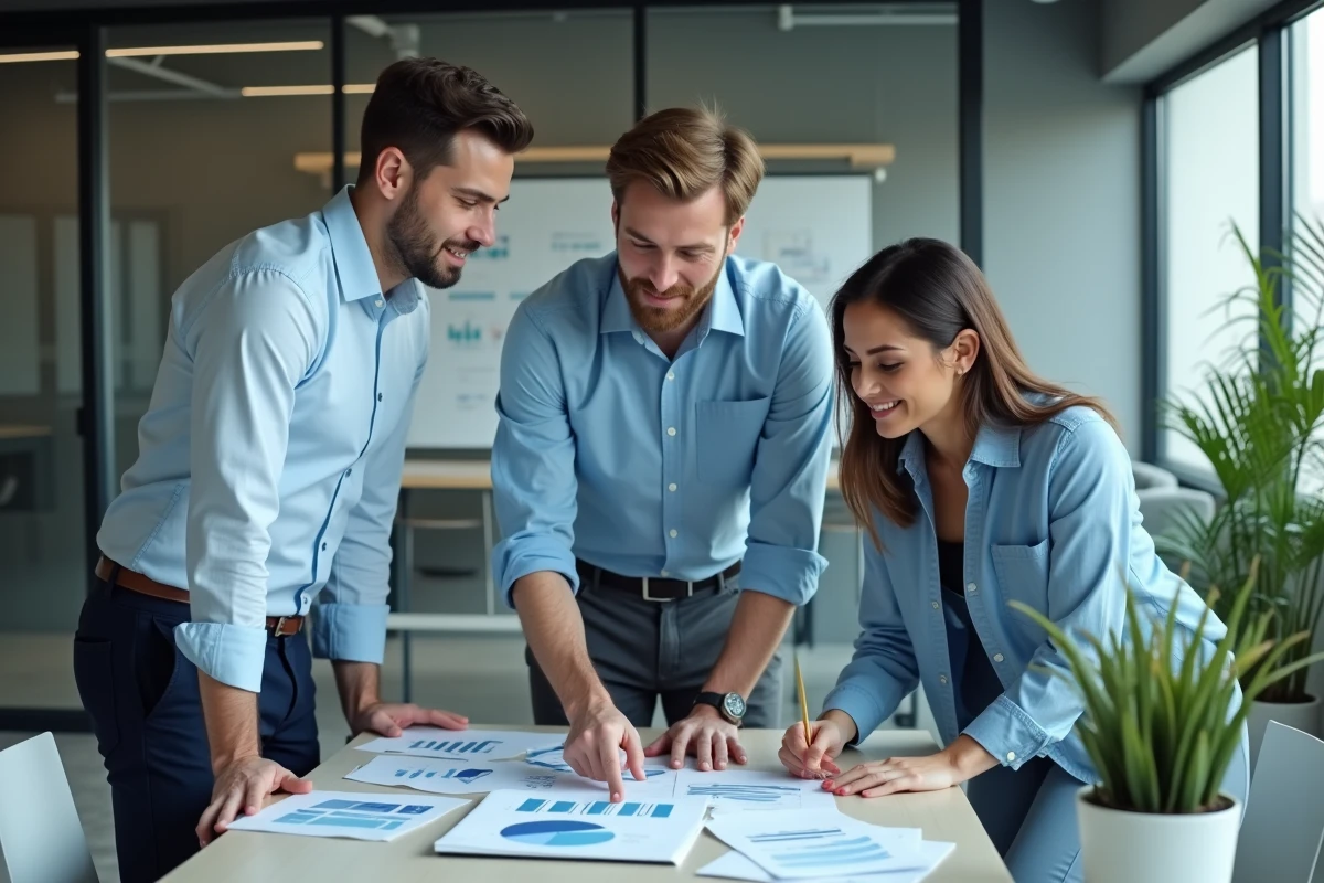 Équipe de PME collaborant autour d'un ordinateur portable et de rapports de performance numérique dans un espace de coworking
