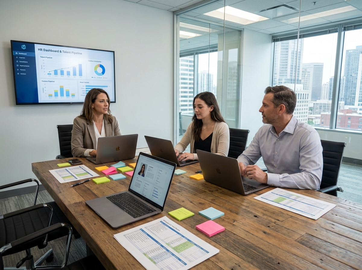 Équipe RH collaborant autour d'une table de réunion avec des outils de suivi des candidatures centralisés