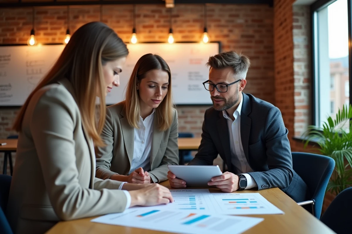 Équipe RH comparant des solutions logicielles de gestion du personnel autour d'une table de réunion