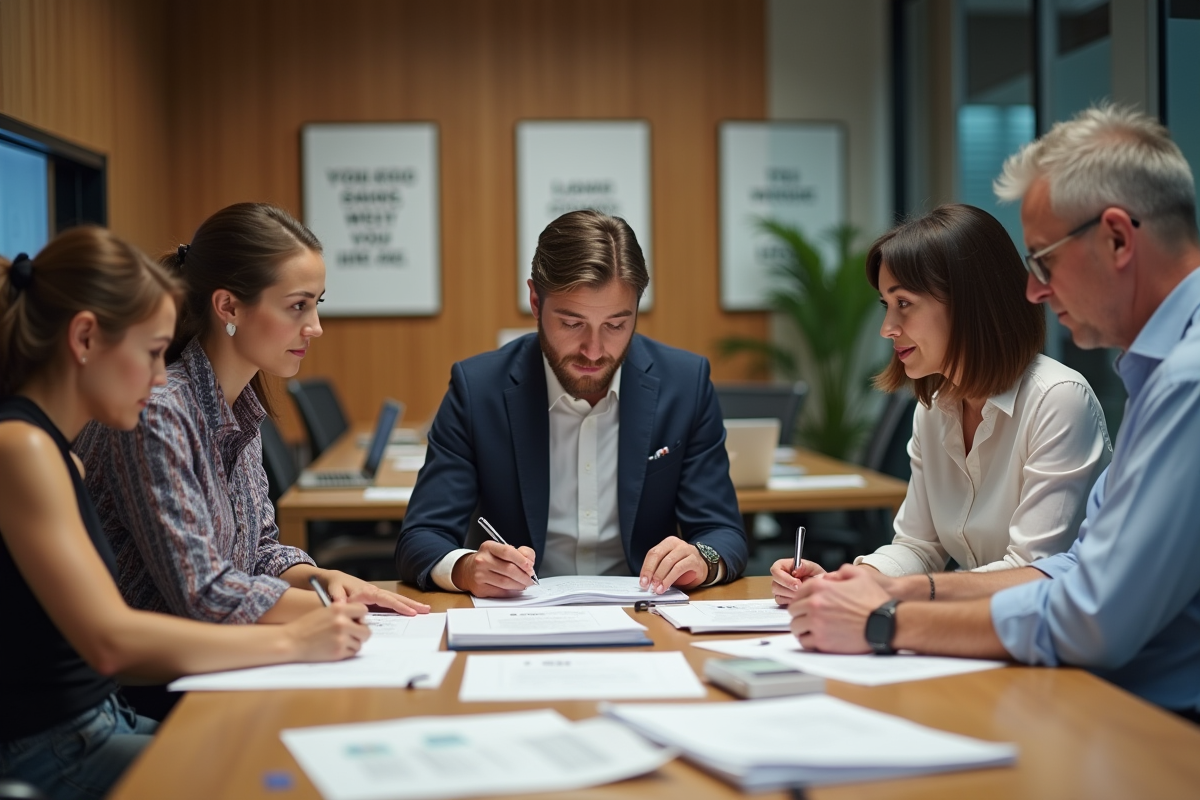 Groupe d employés discutant documents de securite au bureau